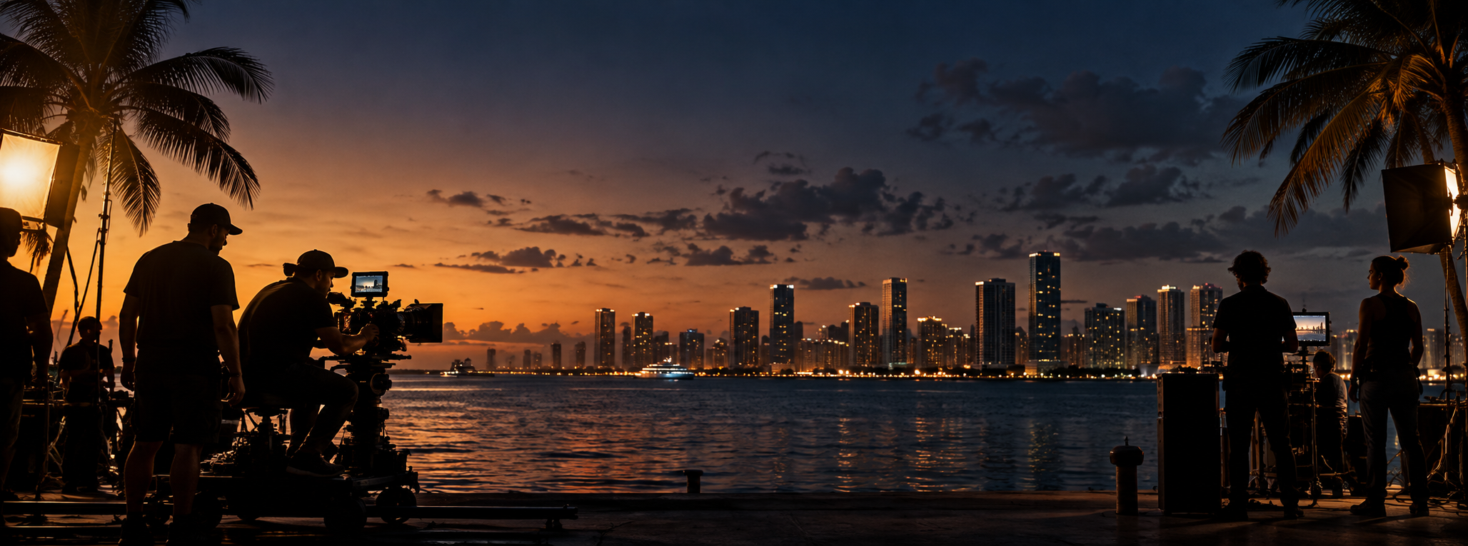 Film crew at sunset by a city skyline