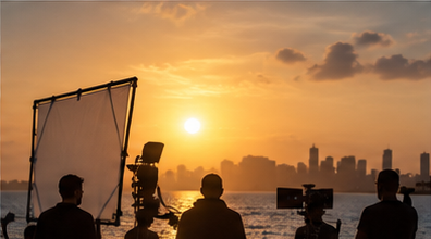 Film crew at sunset
